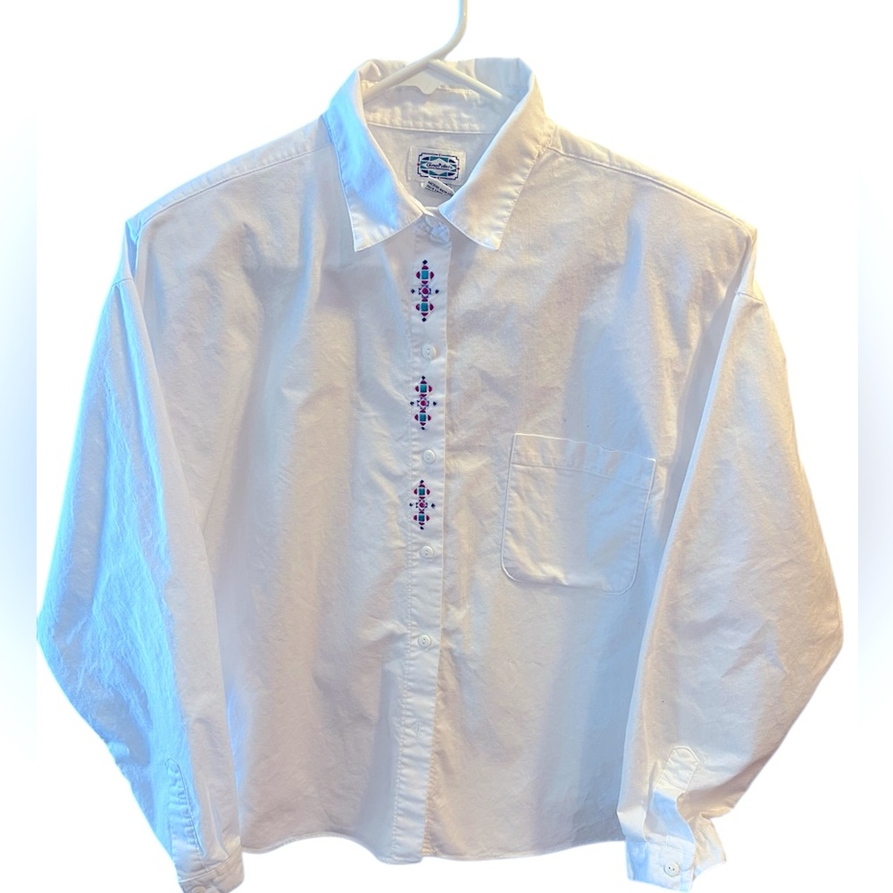 White Long Sleeve Blouse with Embroidered Colorful Trim by Gina Peters- Large.